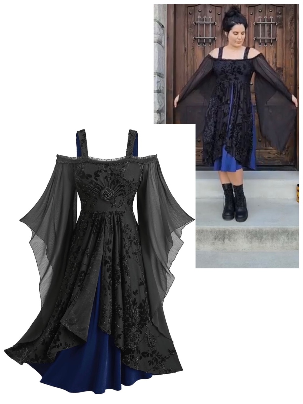 Rosegal Off Shoulder Black Gothic Flowy Floral Medieval Halloween Midi Dress 2X